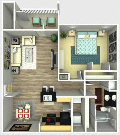 Floor plan for 1 bed, 1 bath, 752 sqft